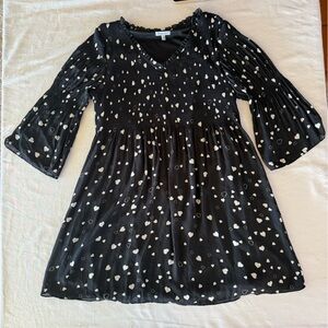 Floral & Ivy Black Heart Print Smocked Dress Long Sleeve Size XL